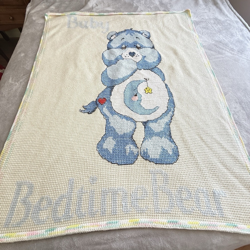 Vintage 80s Handmade Care Bears Bedtime Bear Afghan Baby Blanket Crochet